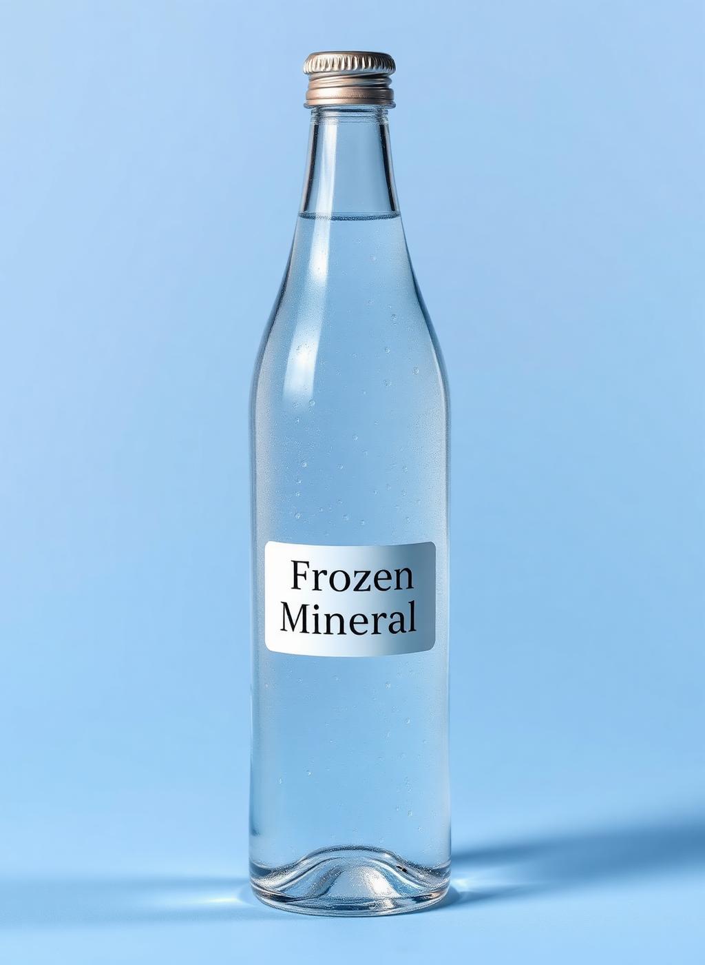 Frozen Mineral premium glass bottle with condensation on a soft blue background