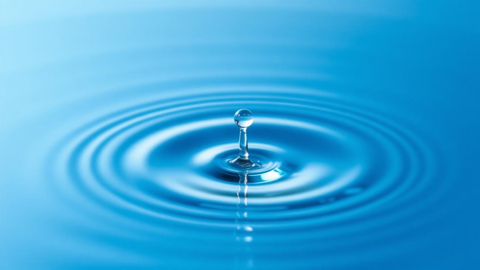 A single water droplet creating a perfect ripple on a still blue surface