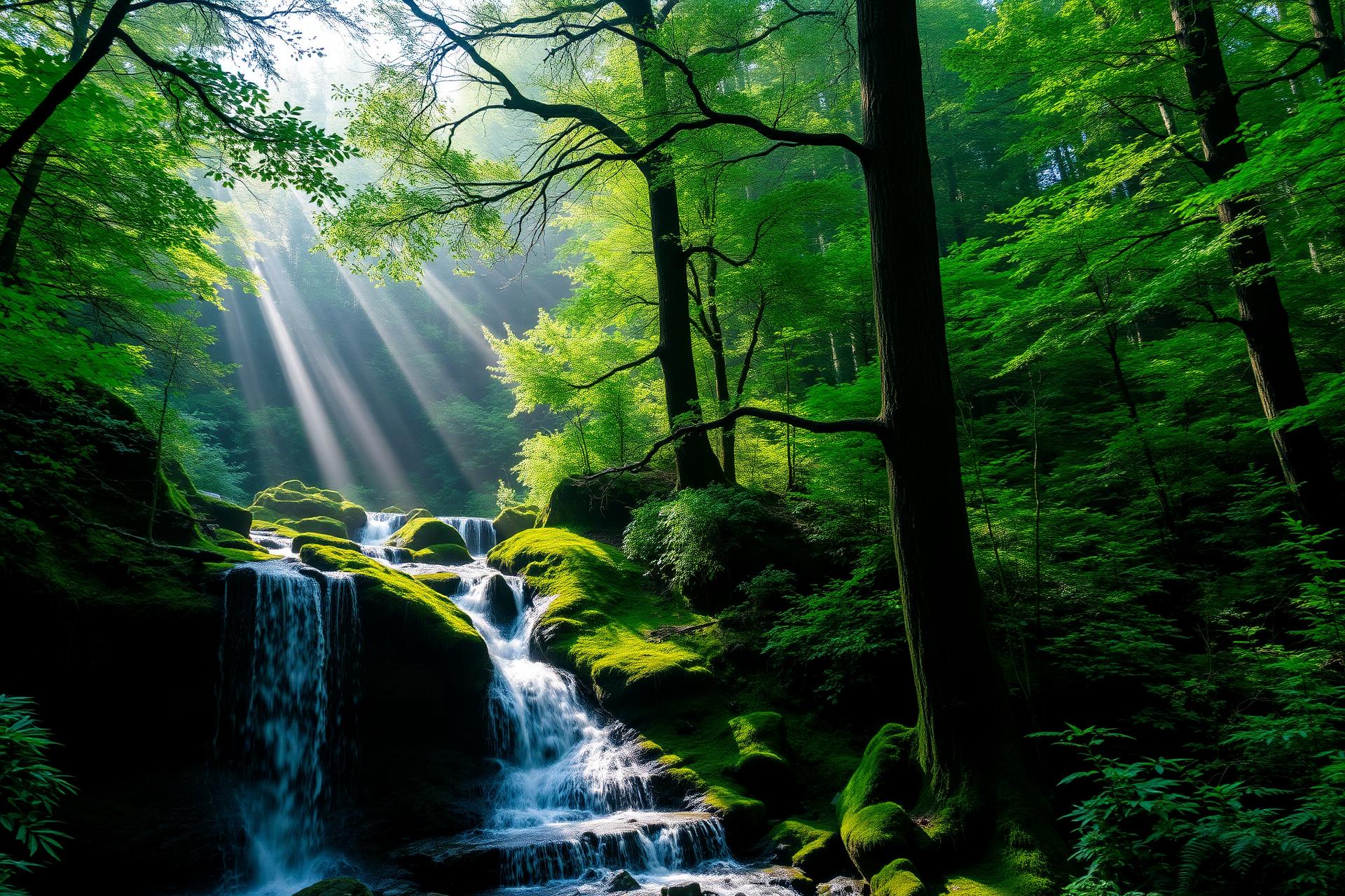 Lush green forest with a cascading waterfall over mossy rocks