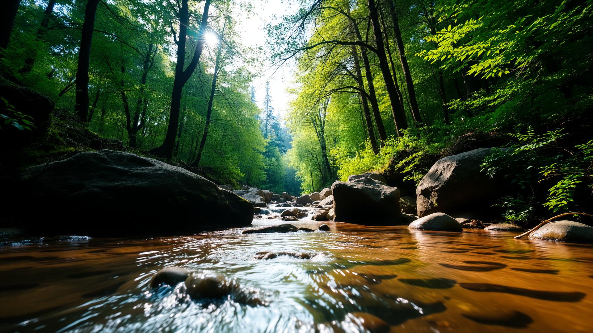 A crystal-clear mountain stream flowing over smooth rocks in a lush forest